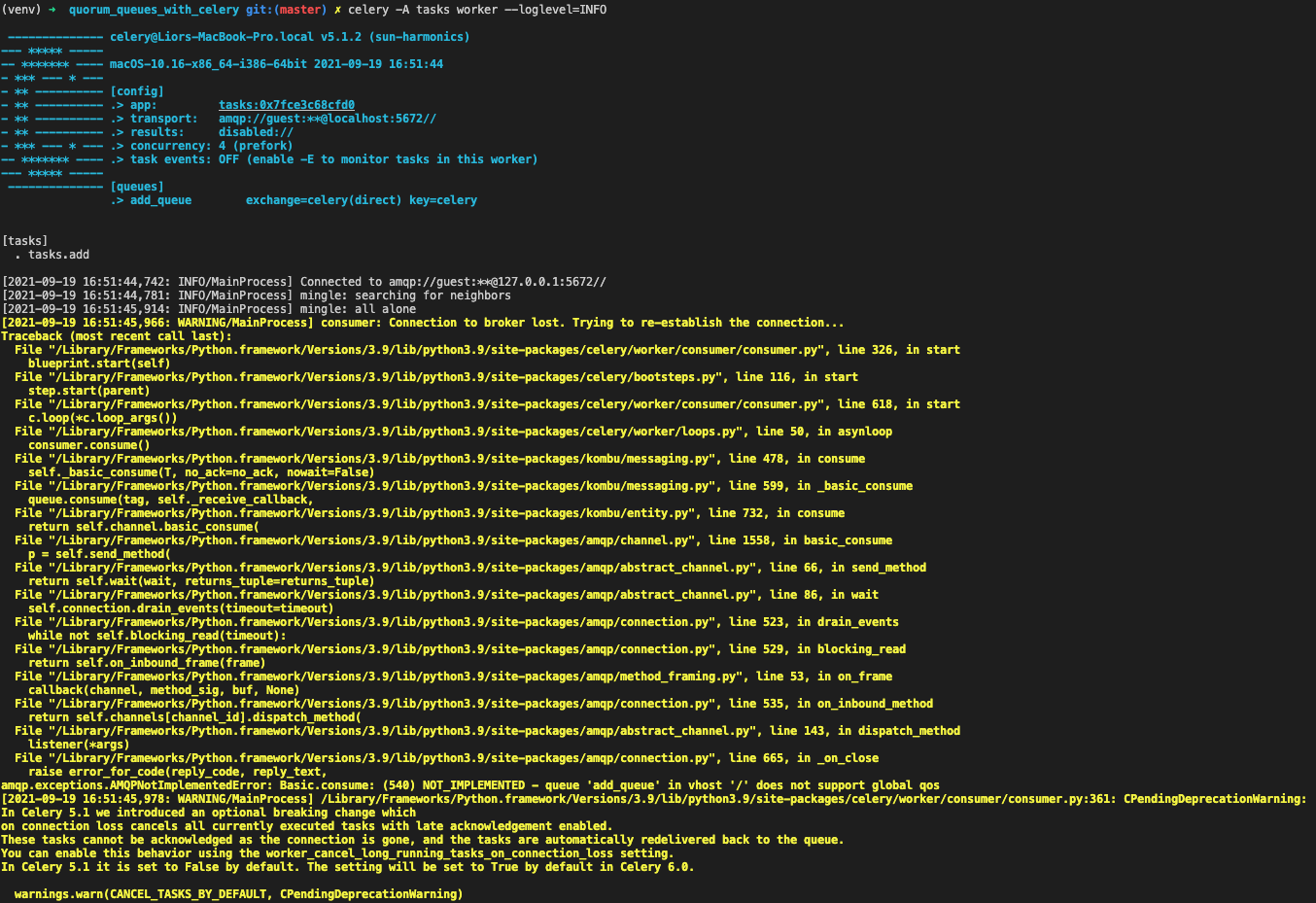 Getting a really nasty error when forcing queue_arguments={"x-queue-type": "quorum"}